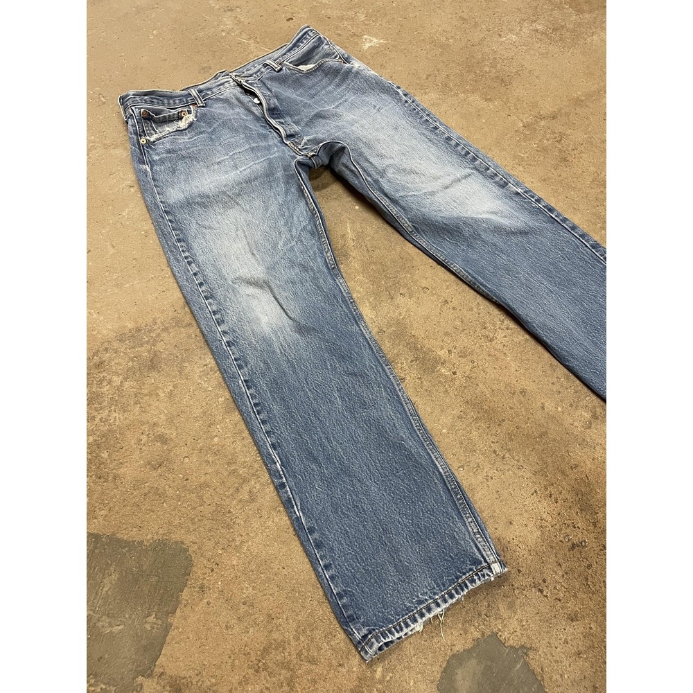 Levis 501 Jeans Mens 36x29 Light Wash Blue Straight Leg Button Fly Distressed - Picture 2 of 16